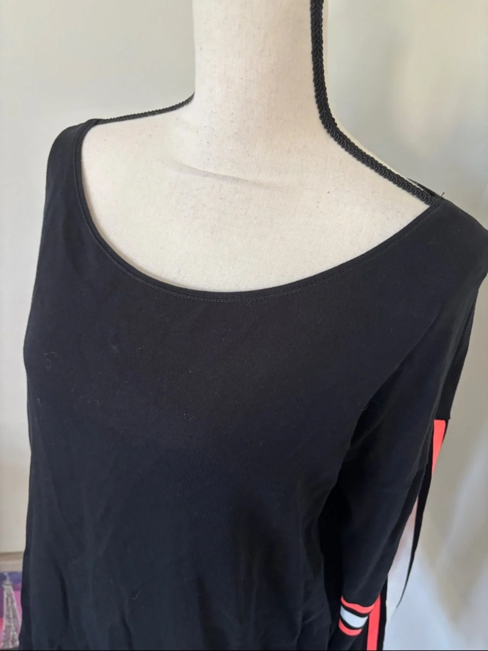 Sweaty Betty Black Long-Sleeve Top with Orange and White Sleeve Stripes - Picture 3 of 4